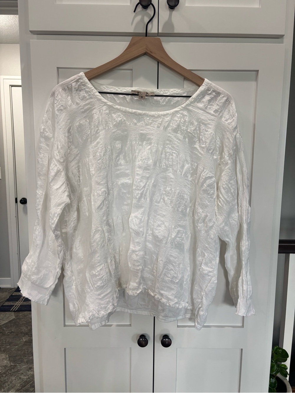 Flax Linen Cotton Scrunched Lightweight White Women's Blouse -Casual Scoop Neck